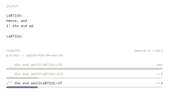 Interactive replay of GziPT comparing candidate continuations